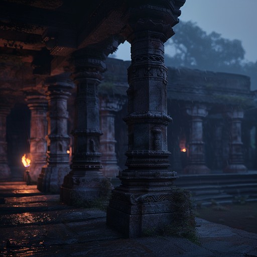 Focus on echoing sounds within a gritty, abandoned temple, evoking a rich, mysterious atmosphere through haunting hindustani classical melodies. The sitar and tabla interaction creates an old world sound, immersing listeners in an eerie, isolated historical narrative.