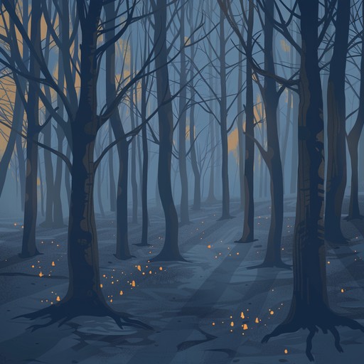 Compose a surreal, acoustic driven track that captures the suspense and mystery of wandering through dark woods at night. Focus on subtle flutes, creeping percussion, and eerie soundscapes to enhance the brooding atmosphere