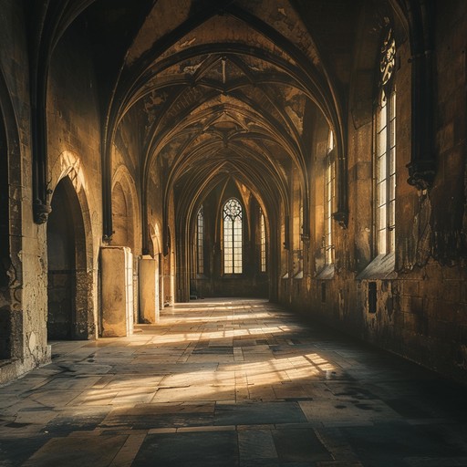 As the bow gently caresses the strings, each note resonates through the grand cathedral, setting a tranquil yet somber atmosphere where history whispers through the air.