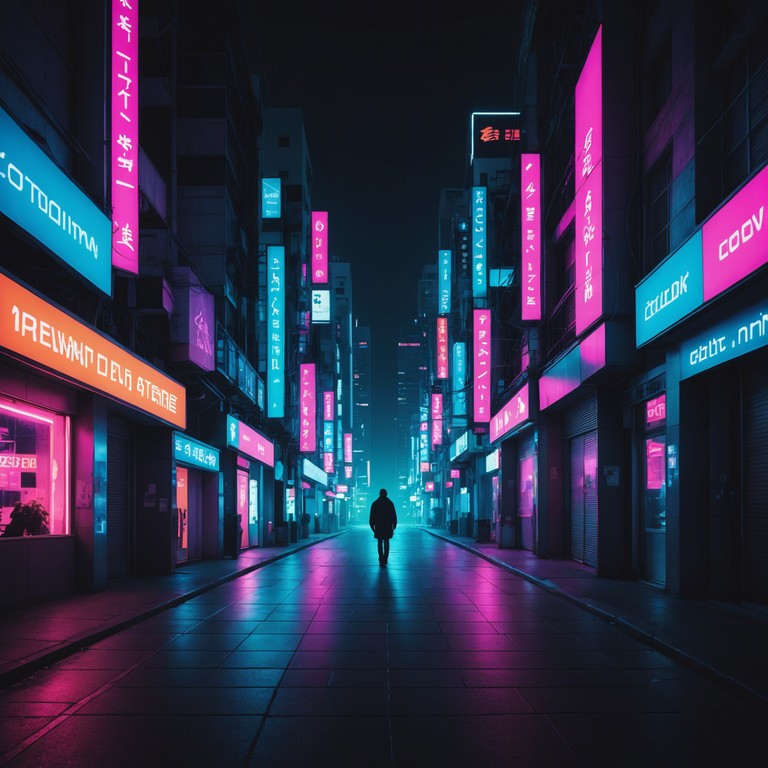 Imagine strolling down a quiet urban street, the glow of neon signs reflecting in glistening puddles, while a gentle synth melody plays, enhancing the nighttime's magical and tranquil atmosphere.