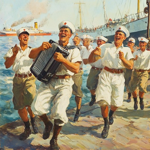 An instrumental piece capturing the joy and pride of russian navy sailors, featuring lively and celebratory melodies. It evokes the image of sailors on leave, celebrating with dance and camaraderie on a sunny day by the port.