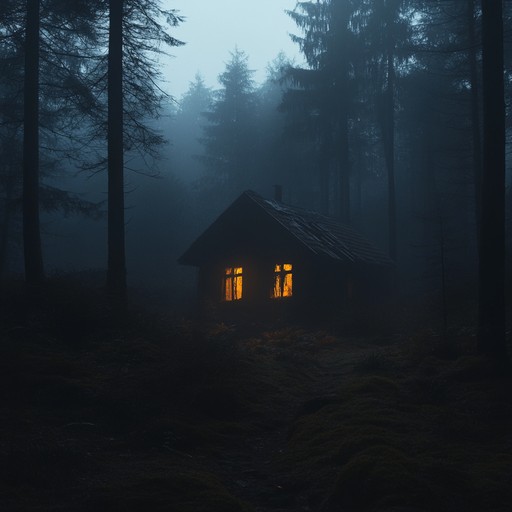 A suspenseful journey through dark woods, featuring enigmatic melodies and dissonant harmonies, evoking an ominous and mysterious atmosphere, as if traversing through an abandoned cabin deep in the forest, haunted by ghostly whispers and unseen beings