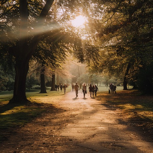 A melody that evokes the feeling of a peaceful afternoon walk through a sunlit park, with gentle, rhythmic guitar strumming, soft piano harmonies, and light percussion that together create an uplifting and serene atmosphere.