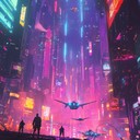 interstellar journey through neon lit future cities.