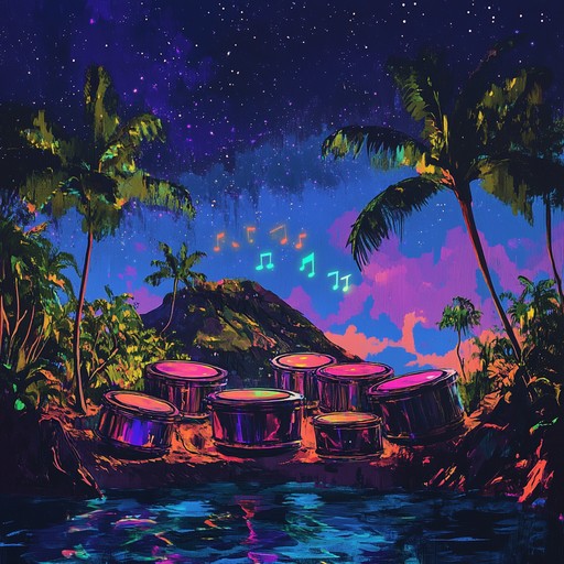 An instrumental track that combines the vibrant rhythms of traditional calypso music with futuristic synthesizers and electronic elements, creating an otherworldly tropical atmosphere