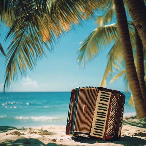 An energetic instrumental cumbia track with vibrant percussion and melodic guitar, evoking the feeling of dancing freely along the shore under the radiant sun.