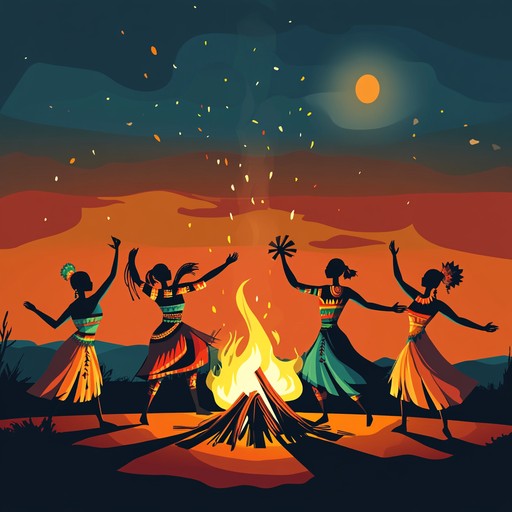 A lively and cheerful tribal instrumental song capturing a joyous gathering, featuring vibrant drums, rhythmic percussion, and uplifting flute melodies inspiring dance and celebration under the open sky.