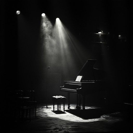 A haunting piano composition set in the ambiance of a dimly lit cabaret, echoing with the sorrowful undertones of unspoken heartache. The piece flows with a slow, deliberate tempo, accompanied by subtle background strings, evoking the atmosphere of a bygone era infused with poignant memories.