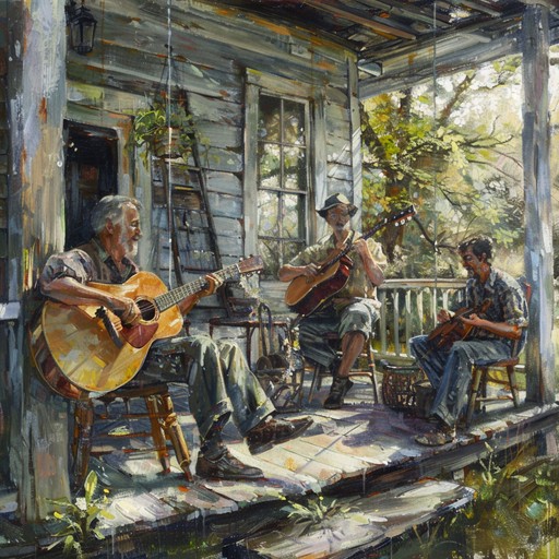 This energetic bluegrass instrumental features fast-paced picking and strumming, with the banjo and fiddle taking turns in the spotlight. The melody is cheerful and catchy, evoking images of friends gathered on a front porch, enjoying each other's company and the simple pleasures of life. The guitar and mandolin provide a solid rhythmic foundation, while the dobro adds a touch of twang and resonance. Perfect for square dancing or just tapping your feet along to the beat.