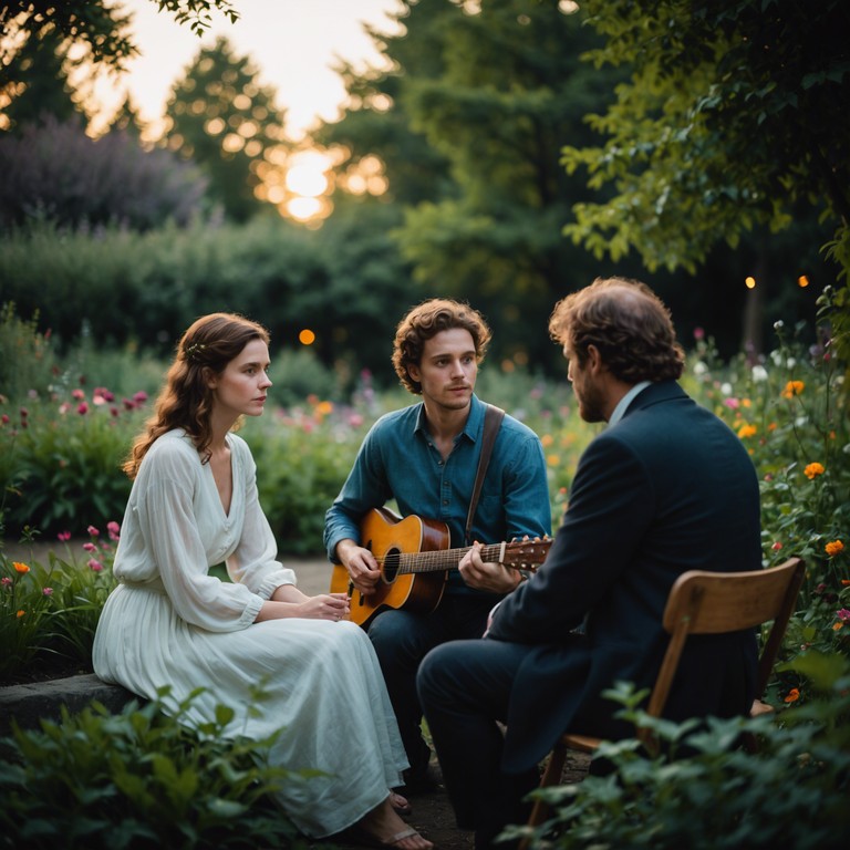 A traditional troubadour serenades under the starlit sky, his lute's melodious strains weaving a tapestry of affection and admiration, reflecting the timeless allure of love's embrace in every note played.