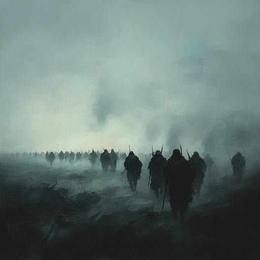 An unsettling instrumental piece featuring haunting drum rhythms and ghostly horns, capturing the ominous feeling of phantom soldiers marching through deserted battlefields shrouded in mist.