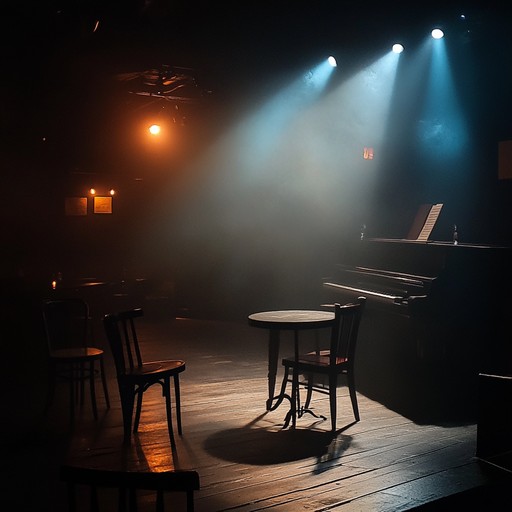 A dark, soulful cabaret piece with haunting piano melodies, moody accordion, and ethereal strings; blending the elegance of vintage theater with the shadows of gothic imagery, encapsulating a tale of forbidden love and longing in a dimly lit, smoky speakeasy.