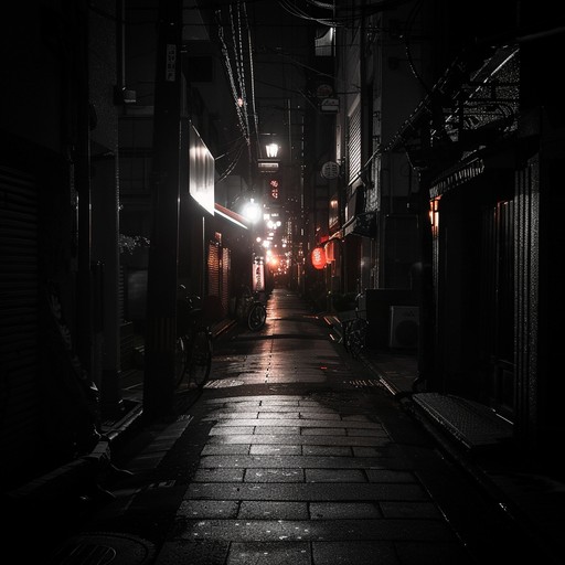 An eerie composition blending traditional japanese instruments with dark synths, set against the backdrop of an anime dystopian tokyo, emphasizing suspense and creeping fear.