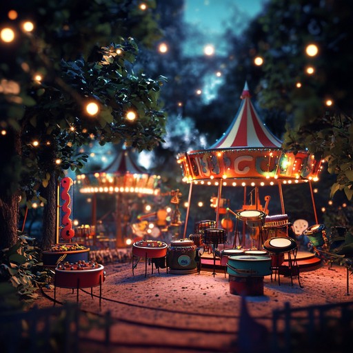 Step into a twilight carnival, where vintage carousels spin under fairy lights creating a kaleidoscopic dreamscape. Ethereal synth pads and toy instruments craft a whimsical, nostalgic atmosphere. Soft, rhythmic pulses and gentle melodies evoke childlike wonder.