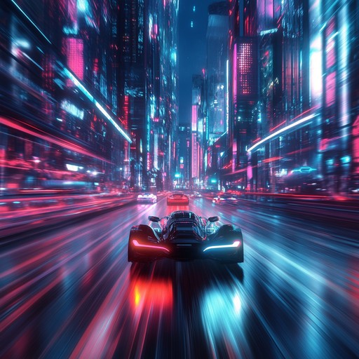 A relentless, adrenaline pumping instrumental track featuring bright synths, powerful basslines, and steady electronic beats, capturing the essence of a high speed chase through a neon lit 1980s cityscape. The music evokes the excitement of retro video games and classic sci fi movies, with a touch of nostalgic glamor.