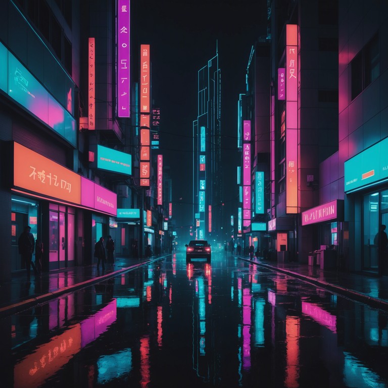 Imagine a journey through a luminous cyberpunk cityscape at night, where ethereal beats blend with the distant hum of neon lights and haunting melodies from an electric violin create a sense of otherworldly adventure. The atmosphere is dense with a feeling of anticipation and enigma, as if walking through a dream made of circuits and light.