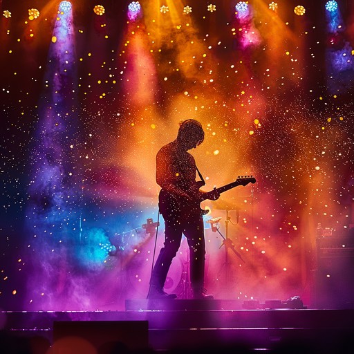 A dazzling composition brimming with aggressive guitar riffs and glittering synthesizers, embodying the triumph and charisma of a rock star's victorious moment on stage.