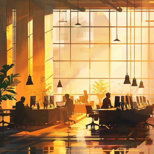 Imagine the sun streaming through office windows, casting a warm glow over focused employees as they work diligently at their desks. The light, melodic tunes create an uplifting space promoting concentration and creativity, making it an ideal background for any corporate setting. The piece enhances productivity while providing a serene sonic environment.