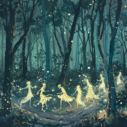 A fantastical journey through an enchanted forest where whimsical creatures celebrate with lively dances and twinkling lights, evoking a magical and otherworldly charm.