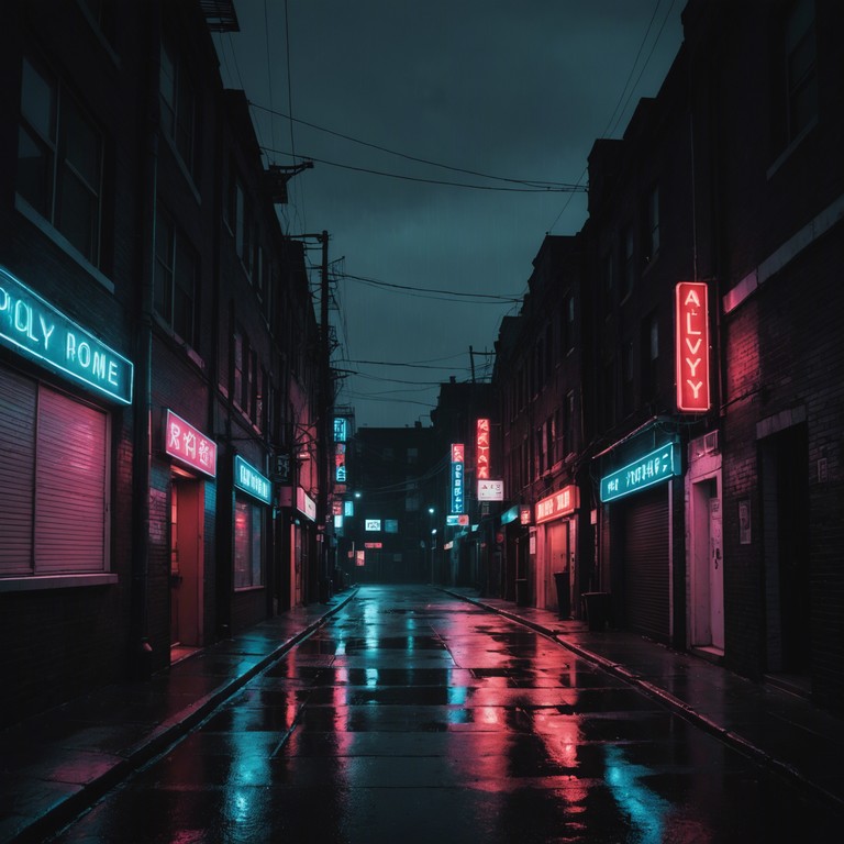 The track begins with a haunting electric guitar riff that bleeds into a steady, brooding drum beat, encapsulating the essence of dark, deserted cityscapes at night. The song progresses through an atmospheric build up, enveloping listeners in a mix of mystery and introspection, as synthesizer layers add a sense of urgent anticipation, mirroring the eerie glow of neon lights reflected on wet asphalt.