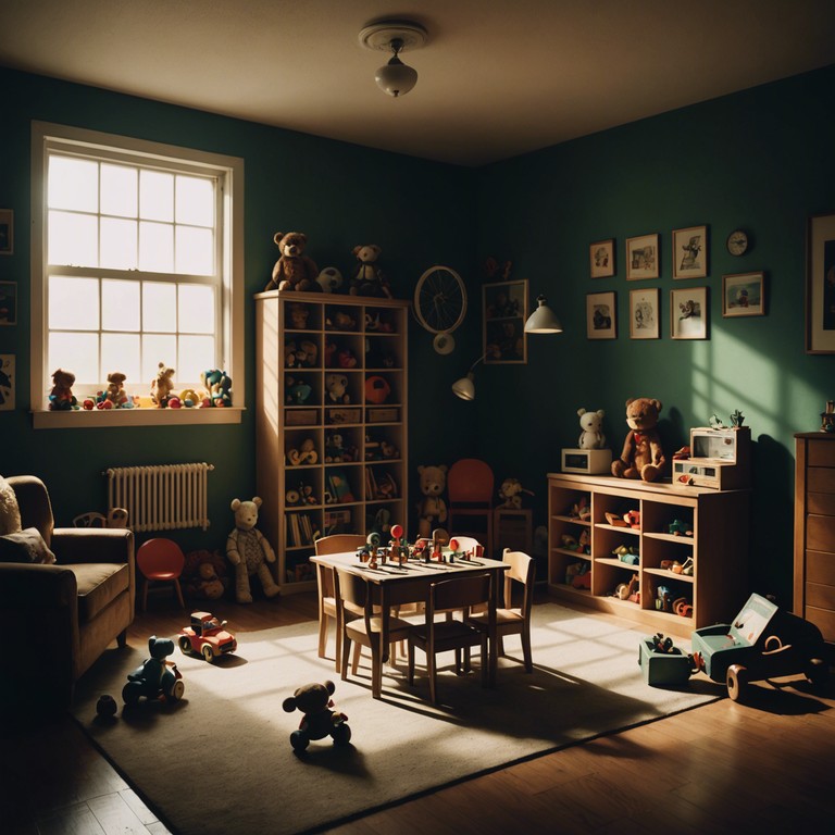 In a dimly lit room filled with scattered toys, the music captures a sense of wonder and unease as shadowy corners seem to whisper secrets. The track features a blend of eerie, high pitched tones juxtaposed with light, playful melodies, creating an atmosphere of mysterious adventure in a child's playroom.