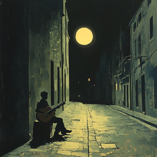 A melancholic samba piece, embodying the profound depth of loneliness felt in the middle of the night, softly touched by the warm caress of a guitar. The rhythmic beats and emotive melodies blend seamlessly to convey an introspective and solitary journey. Perfect for reflective moments or somber scenery, it offers a heartwarming yet longing musical experience.