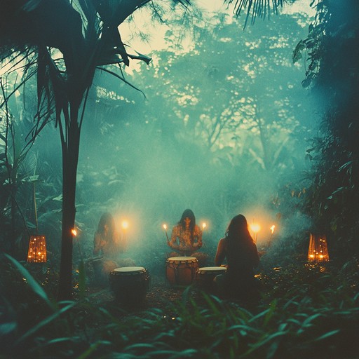 A dynamic blend of high energy drum patterns and ethereal, spiritual ambient tones, evoking the sense of a jungle spirit ceremony.