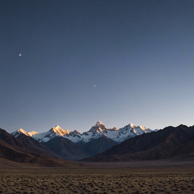 Imagining a serene evening as the sun dips below the towering andes, accompanied by a fusion of charango strings and subtle jazz nuances, capturing the essence of peace and cultural synthesis.