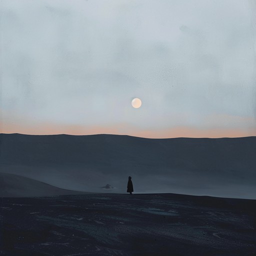 A suspenseful journey through an arid landscape, with haunting melodies carried by desert winds, intriguing rhythms echoing through vast, empty spaces, and shadowy figures hidden in the sandstorms. Tension builds with every heartbeat like pulse, leading to an inevitable confrontation with the unknown.