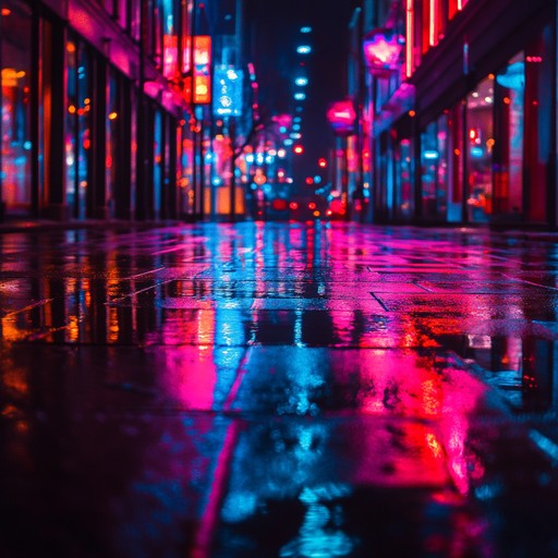 An instrumental track that blends vintage disco beats with dark, atmospheric synth layers, creating an eerie yet danceable soundscape reminiscent of late night city streets illuminated by neon lights.