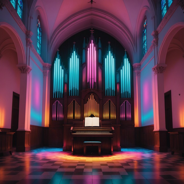 Imagine a church choir under a psychedelic light show, with voices rising in powerful harmony, accompanied by the ethereal sounds of an organ, transcending traditional music boundaries.