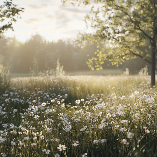 An orchestral arrangement capturing the essence of a sunny countryside meadow, with strings harmonizing in gentle waves, woodwinds creating playful breezes, and brass providing warm, enveloping sunlight. The composition should uplift and hearten, painting a peaceful scene through carefully layered harmonies and melodic interplay, concentrating on conveying warmth and tranquility.