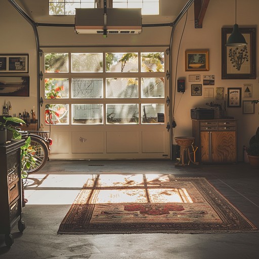 Picture a serene summer afternoon, where the sun's rays filter through the windows of a suburban garage filled with old memories. The guitar strums gently, evoking a sense of nostalgia and warmth, perfect for a reflective and peaceful mood.