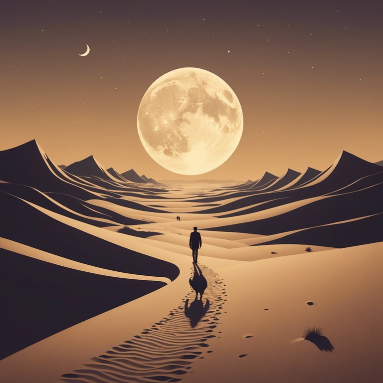 An evocative composition capturing the unsettling vastness of the desert at night, infused with haunting middle eastern instrumental tones, creating an atmosphere thick with tension and mystery.