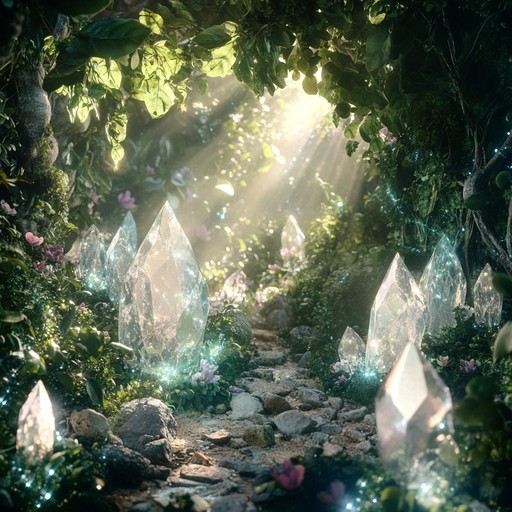 Listeners are taken on a journey through a mystical, radiant garden where crystals and flora thrive under a magical glow. The harp's delicate notes intertwine with an enchanting flute melody, creating a serene and awe inspiring atmosphere.