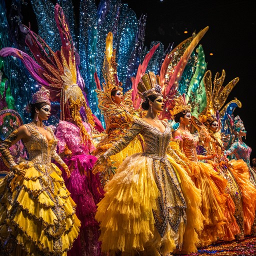 Imagine a grand carnival where elegance meets festivity; brightly colored floats march through, carrying dancers in splendid costumes, radiating joyful energy, their movements in sync with the graceful melodies filling the air.