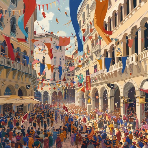 A rousing celebratory orchestral work that builds through triumphant brass fanfares and sweeping string melodies, capturing the essence of grand festivities and monumental achievements. The composition carries an air of optimism, festivity, and unbridled joy, perfect to symbolize victorious moments and significant milestones