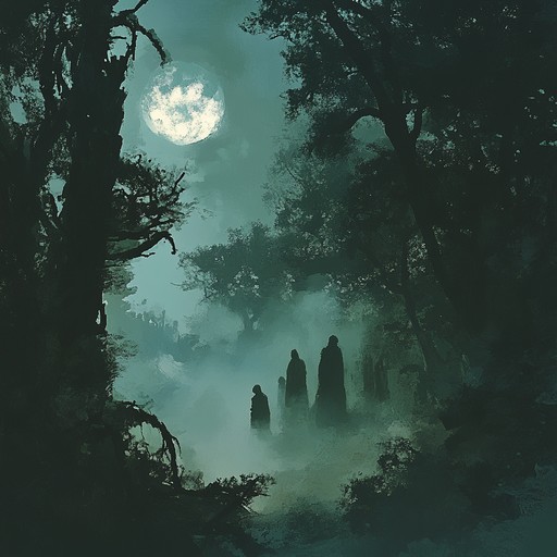 A melancholic and mystical composition evoking the eerie presence of spirits whispering through an ancient forest under the moonlight. Chilling flute and string harmonies merge with ambient sounds of nocturnal wildlife and rustling leaves, creating an immersive, otherworldly atmosphere.