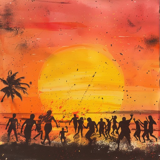 Energetic beats and catchy melodies perfect for a vibrant summer gathering at the beach, creating an atmosphere of pure joy and movement as the sun sets over the waves.