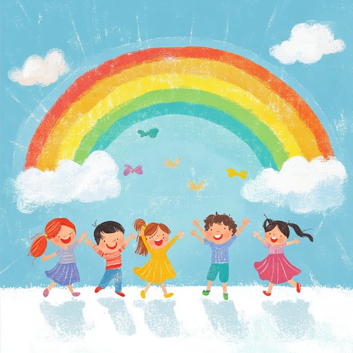 A joyful instrumental track featuring playful melodies and cheerful rhythms that encourage children to dance, jump, and smile under imaginary rainbows.