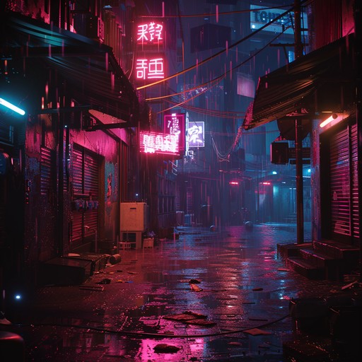 Moody, dystopian anthems blending electronic beats and atmospheric synths to evoke the essence of a neon lit cyberpunk world filled with energy, mystery, and dark allure.