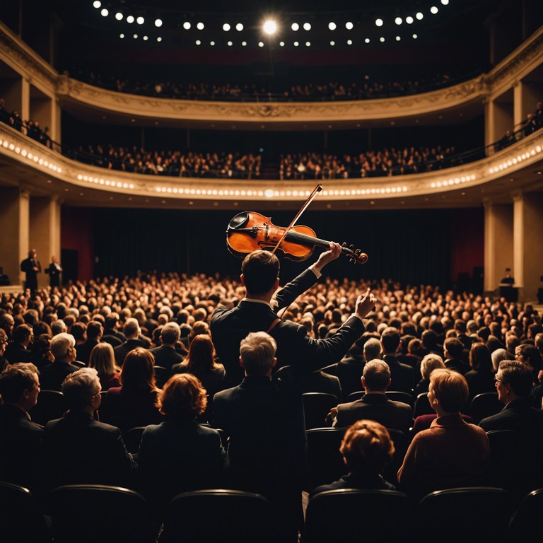 As the orchestra's powerful ensemble pierces through the grand theatre filled with eager spectators, each note crafted carefully to tug at their heartstrings, evoking a profound emotional spectrum from awe to elation.