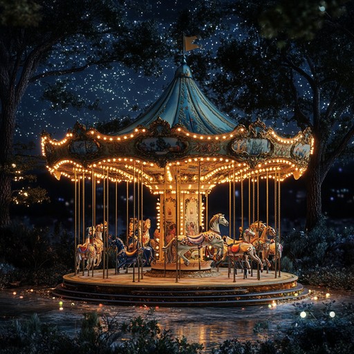 An instrumental track that evokes the whimsical ambiance of a midnight carousel ride in a dreamlike wonderland, featuring playful melodies, magical harmonies, and a touch of theatrical drama. This piece seamlessly blends theatrical elements with a touch of fantasy, captivate listeners and transport them to a magical nighttime fair.