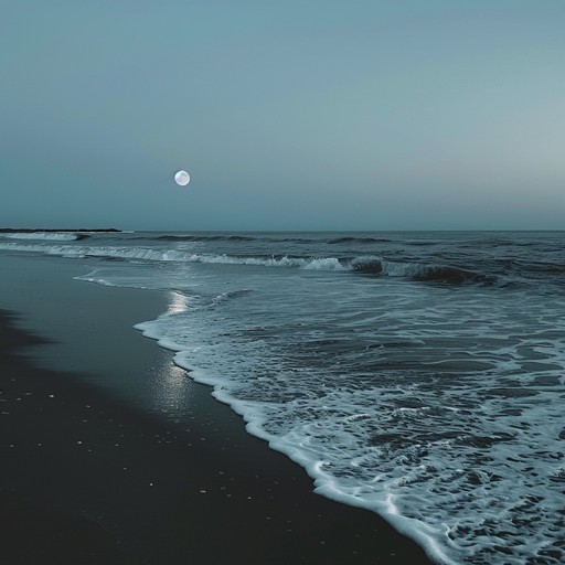 Imagine a tranquil beach at night with waves softly lapping the shore, while delicate guitar melodies and atmospheric sounds create an ethereal, soothing ambiance that transports listeners to a serene, dreamlike state.