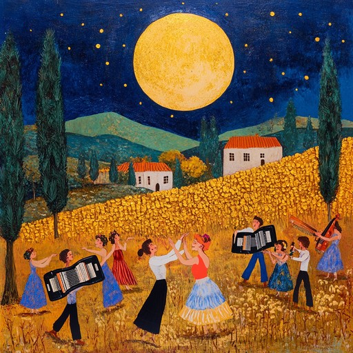 An energetic instrumental piece featuring traditional folk melodies that capture the joy and togetherness of a harvest festival night under the luminous full moon. The music builds with layers of lively rhythms and spirited tunes, inviting listeners to dance and celebrate.