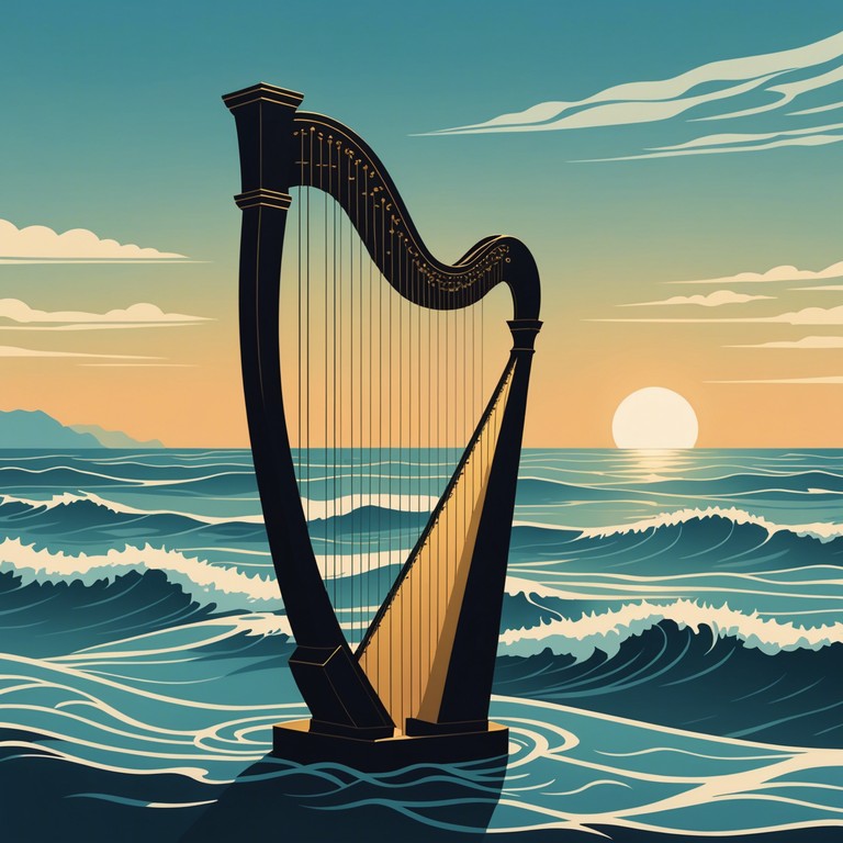 Alternate version focuses on the slowly intensifying light that peeks over the horizon, bringing warmth and illuminating the sea's surface with golden hues. The harp's strings echo the subtle movement of gentle morning waves.