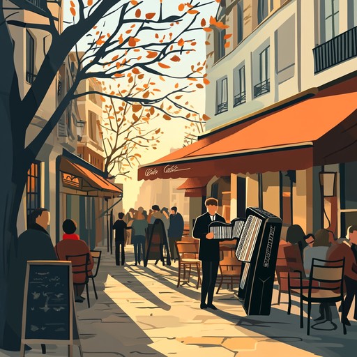 A light, charming piece evoking images of early morning in paris, where playful adventures await at every corner. Accordion tunes lead the melody, setting a whimsical yet sophisticated tone. Each note flutters like the wings of pigeons at street cafes, inviting smiles and light footsteps through the cobblestone lanes. This composition delights in its ability to transport listeners directly to the vibrant heart of montmartre, turning an ordinary morning into an extraordinary experience filled with joy and youthful enthusiasm.