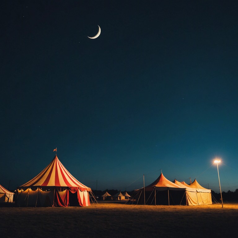 Imagine an old, moonlit circus tent, where shadows play tricks and eerie, distorted laughter mixes with haunting accordion melodies, conjuring a sense of a bizarre, otherworldly cabaret show. The music captures the whimsical yet somber vibe of clowns in twilight, performing under a crescent moon with a blend of melancholy and madness.