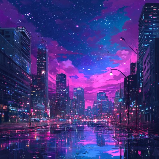 An instrumental track that melds futuristic synth sounds with new wave rhythms, painting an auditory picture of a nocturnal city bathed in neon glow.