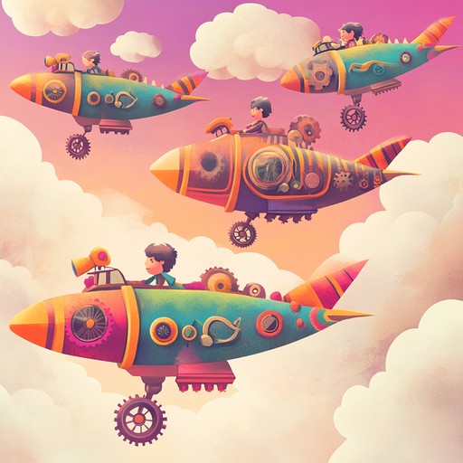 A lively instrumental capturing the thrill of children's bold clockwork sky journeys, blending playful melodies with dynamic rhythms to fuel their imagination and sense of adventure.